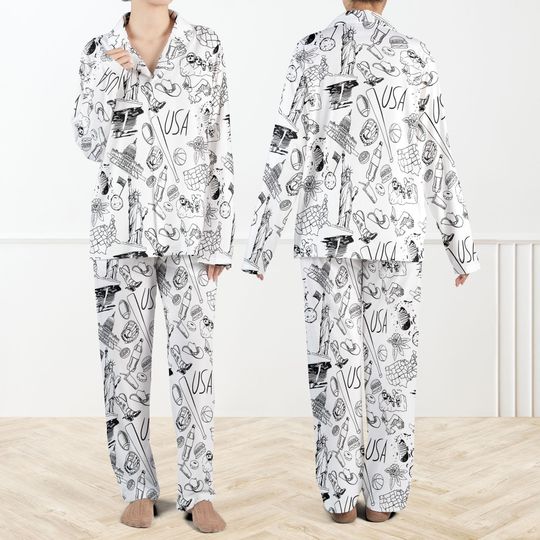 Discover USA Sketch Pajama Set For Women, American Icons PJs, Statue of Liberty Sleepwear, Patriotic Lounge Set, Travel Theme Pajamas Gift