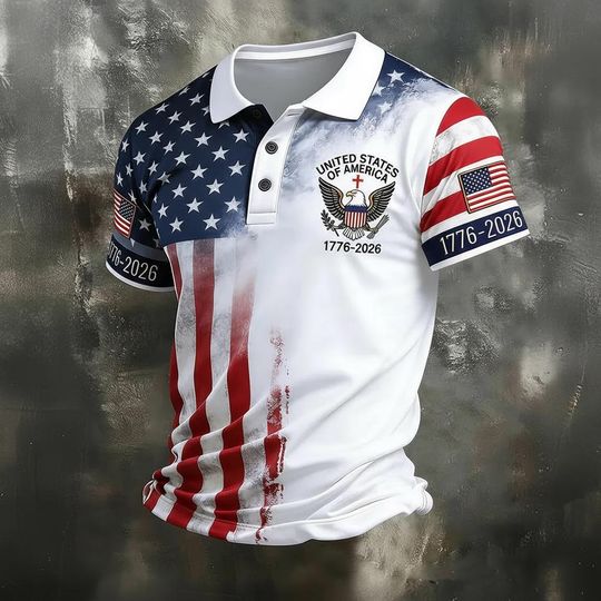 Discover America 250 Polo Shirt, Patriotic Eagle Crest, USA Anniversary Tee