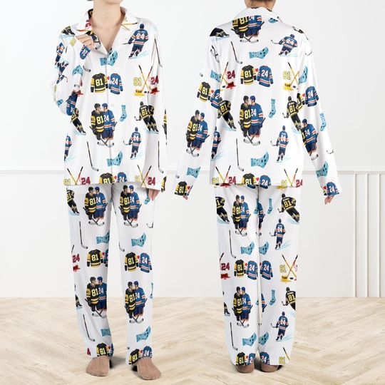 Discover Heated Rivalry Silky Satin Pajama Set For Women, Enemies to Lovers Sleepwear, Hockey Romance PJs, Ice Hockey Pajamas for Fans