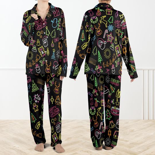 Discover Cute Neon Christmas Silky Satin Pajama Set For Women And Kids, Kawaii Holiday Sweatsuit, Bright Neon Xmas Outfit, All Over Print Loungewear