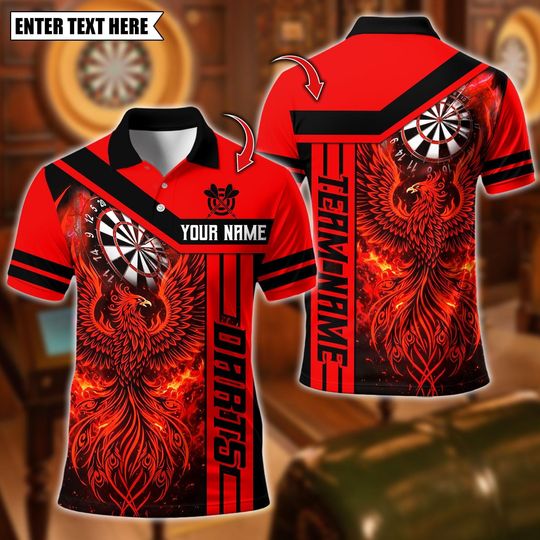 Discover Personalized Name Dart Polo Shirt, Flaming Phoenix Dart Design, Custom Team Shirt for Men, Gift for Darts Players