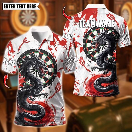 Discover Custom Name Dart Polo Shirt, Storm Dragon Dartboard Design, Personalized Team Shirt for Men, Gift for Darts Players