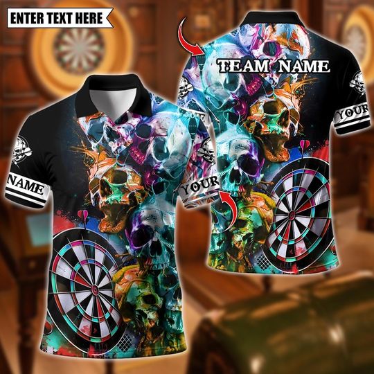 Discover Custom Name Dart Polo Shirt, Darts Skull Graffiti Colorful Paint Design, Personalized Team Shirt for Men, Gift for Darts Players