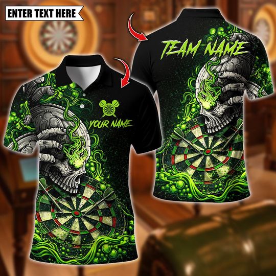 Discover Custom Name Dart Polo Shirt, Flaming Skull Dart Design, Personalized Team Shirt for Men, Gift for Darts Players