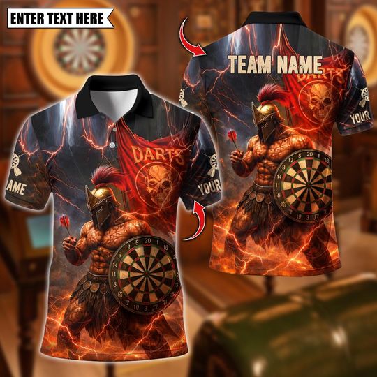 Discover Personalized Name Dart Polo Shirt, Darts Spartan Warrior Design, Custom Team Shirt for Men, Gift for Darts Players