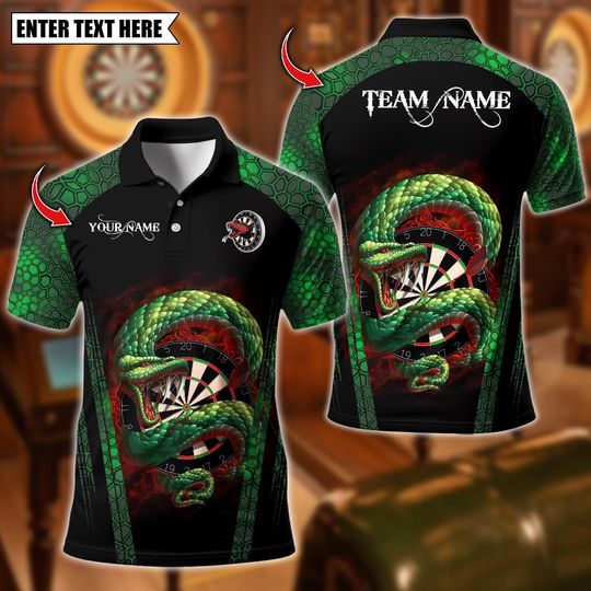 Discover Custom Name Dart Polo Shirt, Darts Snake Design, Personalized Team Shirt for Men, Gift for Darts Players