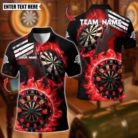 Discover Custom Name Dart Polo Shirt, Darts Wall Of Flame War Design, Personalized Team Shirt for Men, Gift for Darts Players