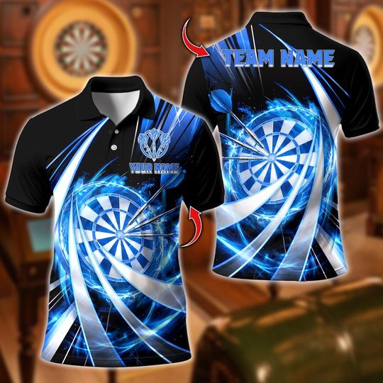 Discover Custom Name Dart Polo Shirt, Darts Flame Swirl Tornado Design, Personalized Team Shirt for Men, Gift for Darts Players
