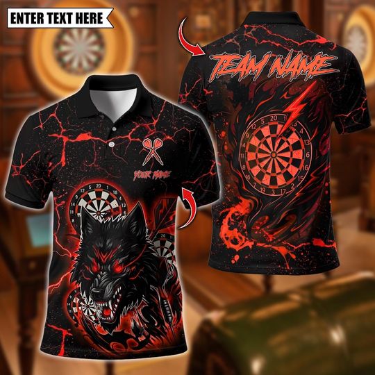 Discover Custom Name Dart Polo Shirt, Electric Wolf Lightning Dartboard Design, Personalized Team Shirt for Men, Gift for Darts Players