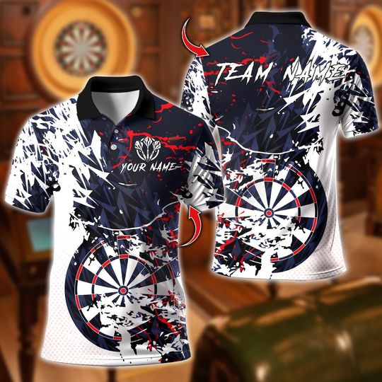 Discover Custom Name Dart Polo Shirt, Abstract Paint Splash Modern Dartboard Design, Personalized Team Shirt for Men, Gift for Darts Players