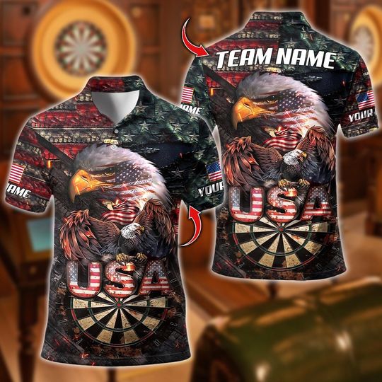 Discover Custom Name Dart Polo Shirt, USA Pride Eagle Darts Design, Personalized Team Shirt for Men, Gift for Darts Players