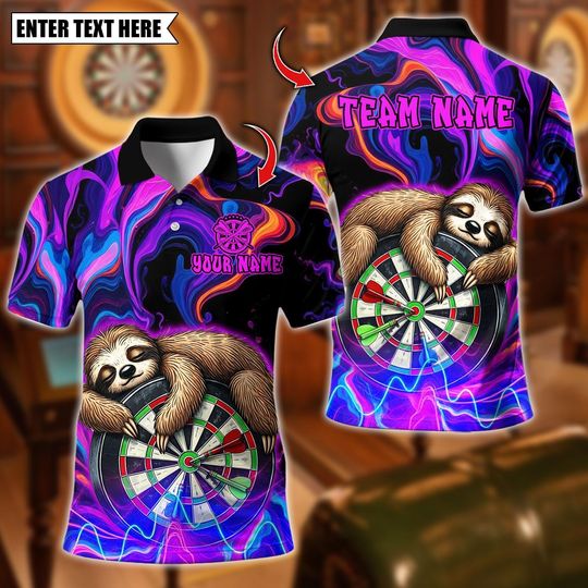 Discover Custom Name Dart Polo Shirt, Sleeping Sloth On Dartboard Design, Personalized Team Shirt for Men, Gift for Darts Players