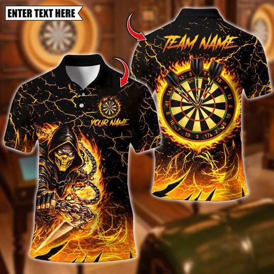Discover Custom Name Dart Polo Shirt, Flaming Assassin With Iron Darts Design, Personalized Team Shirt for Men, Gift for Darts Players