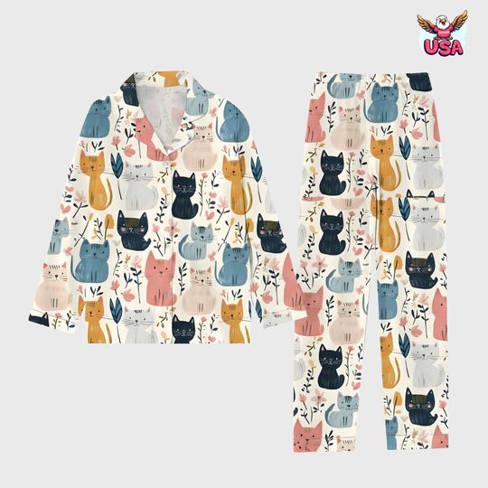 Discover Colorful Sitting Cat Pajama Set, Whimsical Multi Color Kitten Print Sleepwear for Women, Gift for Girls