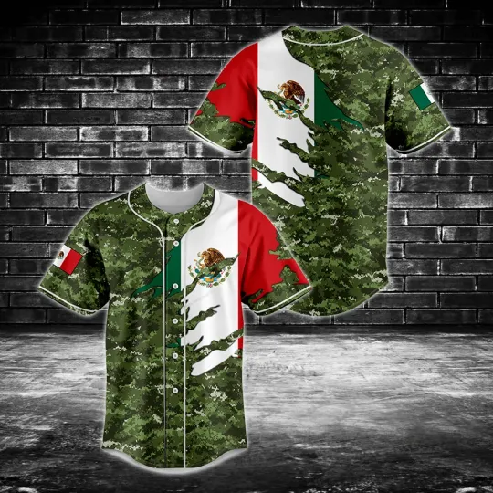 Discover Mexico Flag Camo 3D 3D Baseball Jersey for Men Dad Shirt