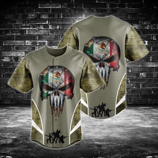 Discover Mexico Skull Camo Coat Of Arms 3D 3D Baseball Jersey for Men Dad Shirt