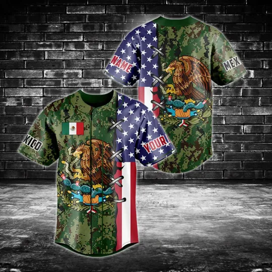 Discover Custom Name Mexico Camo Expats 3D Baseball Jersey for Men Dad Shirt