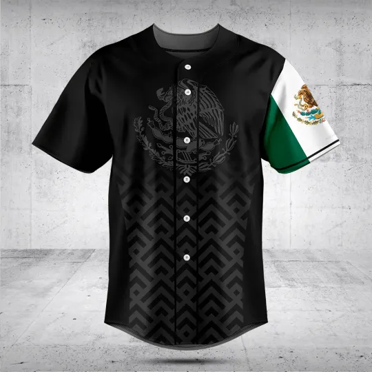 Discover Mexico Coat Of Arms And Flag Black Pattern 3D Baseball Jersey for Men Dad Shirt