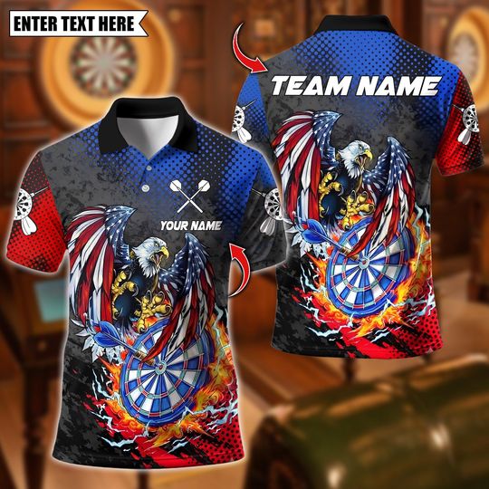 Discover Custom Name Dart Polo Shirt, Distressed American Eagle Dartboard Splash Design, Personalized Team Shirt for Men, Gift for Darts Players