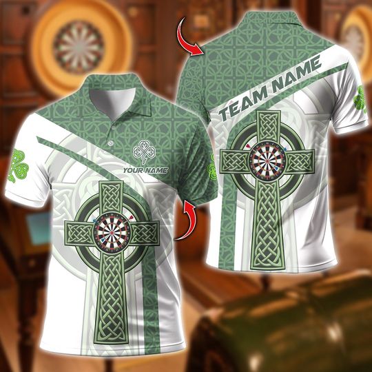 Discover Custom Name Dart Polo Shirt, Darts Irish Cross Design, Personalized Team Shirt for Men, Gift for Darts Players