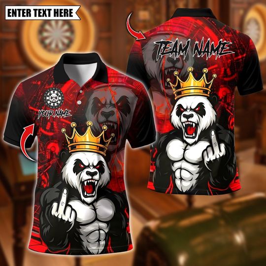 Discover Custom Name Dart Polo Shirt, Panda King Savage Mood Dart Design, Personalized Team Shirt for Men, Gift for Darts Players