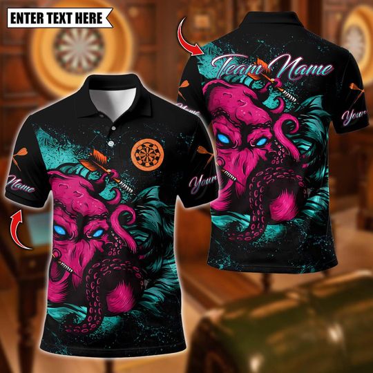 Discover Personalized Name Dart Polo Shirt, Kraken Dart Design, Custom Team Shirt for Men, Gift for Darts Players