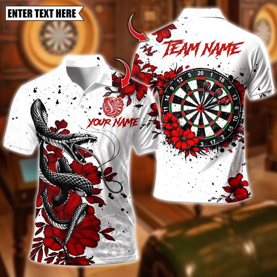 Discover Custom Name Dart Polo Shirt, Snake Flower Dartboard Design, Personalized Team Shirt for Men, Gift for Darts Players