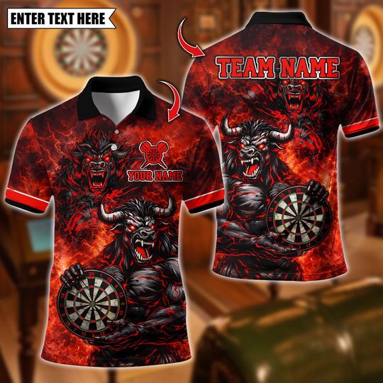 Discover Custom Name Dart Polo Shirt, Angry Muscle Bull Dartboard Design, Personalized Team Shirt for Men, Gift for Darts Players