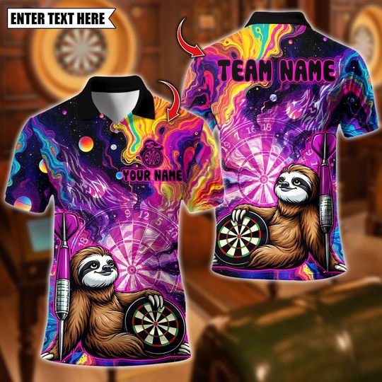 Discover Custom Name Dart Polo Shirt, Funny Cute Sloths Dartboard Design, Personalized Team Shirt for Men, Gift for Darts Players