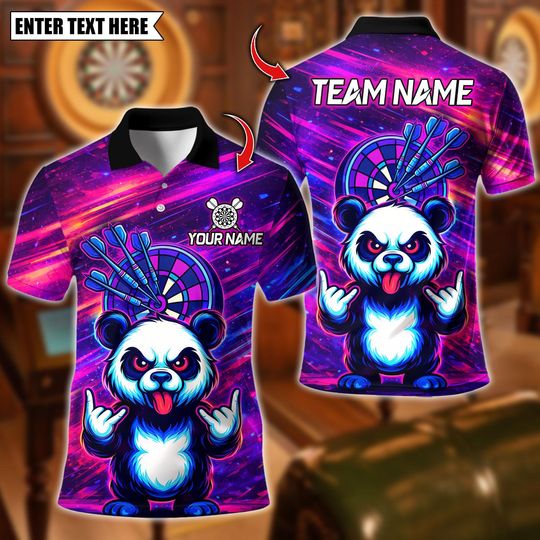 Discover Custom Name Dart Polo Shirt, Cool Panda HandSign Dartboard Design, Personalized Team Shirt for Men, Gift for Darts Players