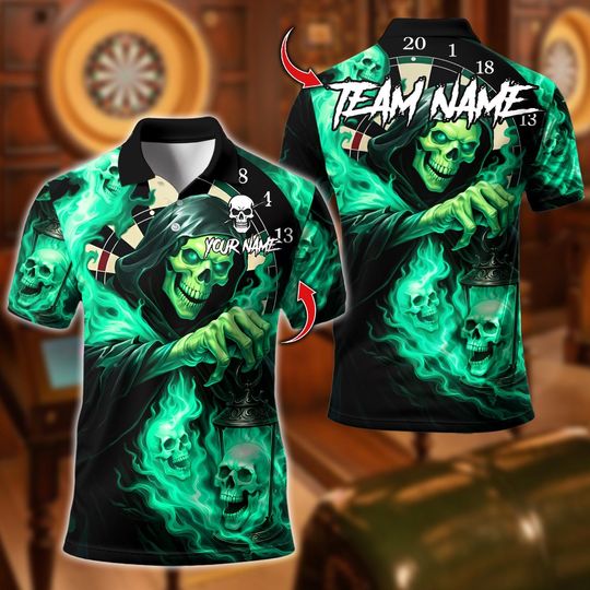 Discover Personalized Name Dart Polo Shirt, Grim Reaper Dartboard Flames Design ,Custom Team Shirt for Men, Gift for Darts Players