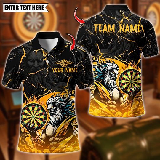 Discover Custom Name Dart Polo Shirt, Thunder Zeus  Dartboard Design, Personalized Team Shirt for Men, Gift for Darts Players