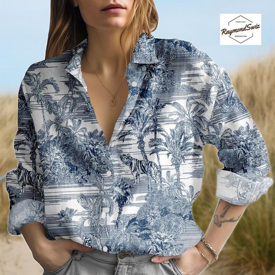 Discover Palm Tree Pattern Blouse for Women, Tropical Long Sleeve Shirt, Summer Button-up Tops