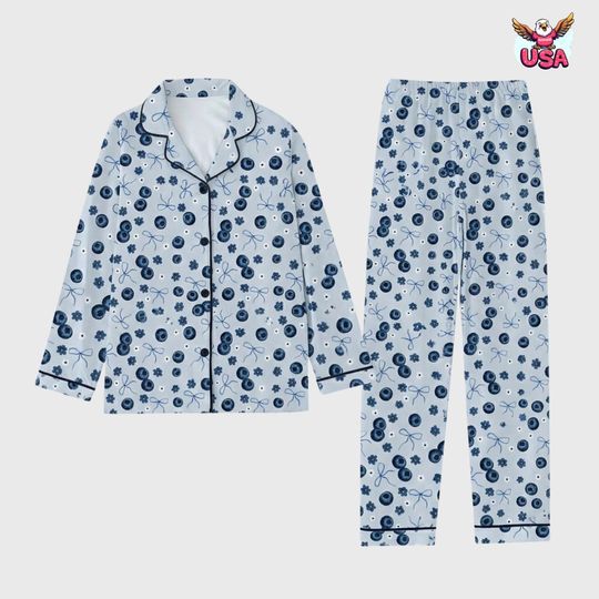 Discover Blueberry and Coquette Bow Pajama Set, Whimsical Fruit Pattern Sleepwear for Women, Gift for Girls