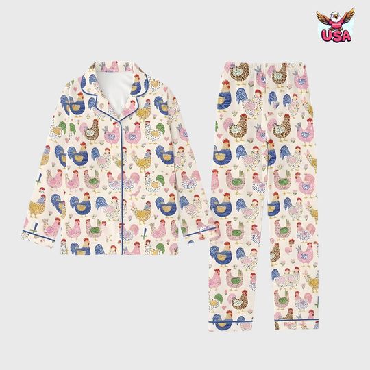 Discover Whimsical Chicken Pajama Set, Patterned Hen and Rooster Print Sleepwear for Women Girls, Gift for Girl