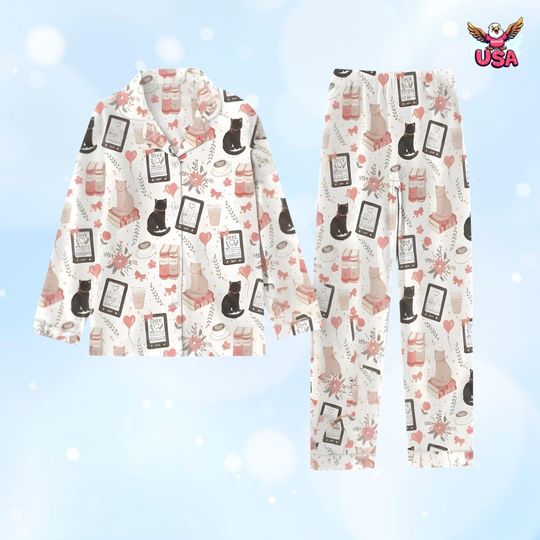 Discover Cozy Bookworm Cat Pajama Set, Reading and Kitten Print Button Down Sleepwear for Women, Gift for Her