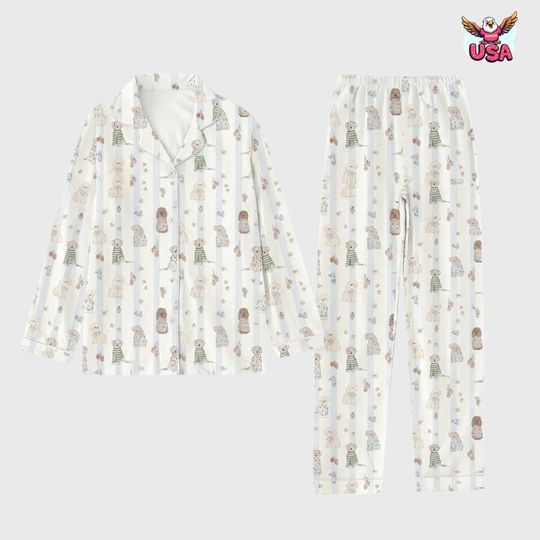 Discover Puppy Dog Stripe Pajama Set, Whimsical Poodle in Sweater Print Sleepwear for Women, Gift for Girl