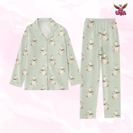 Discover Sage Green Duck Pajama Set, Whimsical Scarf Wearing Bird Print Sleepwear for Women, Gift for Her