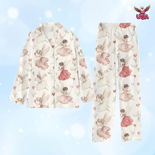 Discover Whimsical Garden Fairy Pajama Set, Pink and Heart Print Sleepwear for Women Girls, Gift for Her