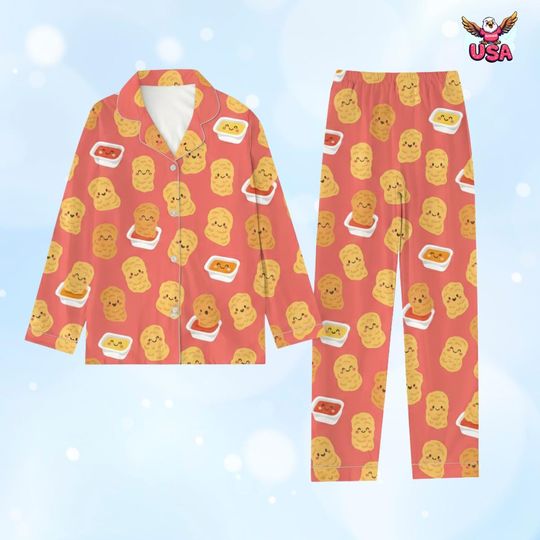 Discover Funny Chicken Nugget Pajama Set Cute Fast Food Sleepwear Red Loungewear Gift for Nugget Lover