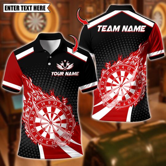 Discover Custom Name Dart Polo Shirt, Flaming Dart Design, Personalized Team Shirt for Men, Gift for Darts Players