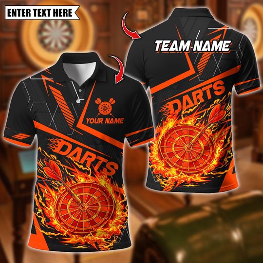 Discover Custom Name Dart Polo Shirt, Flaming Dartboard Design, Personalized Team Shirt for Men, Gift for Darts Players