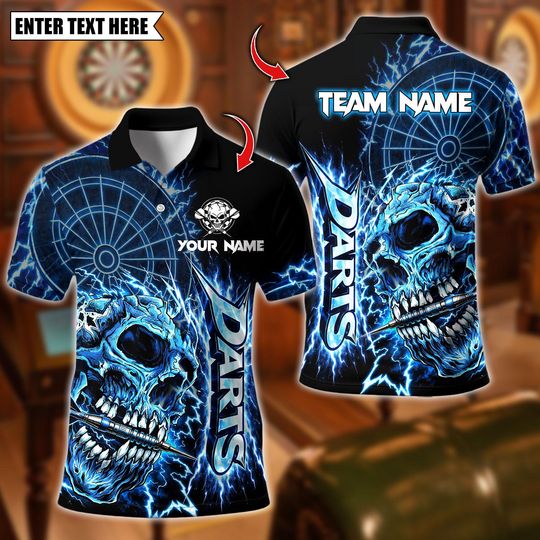 Discover Personalized Name Dart Polo Shirt, Thunder Skull Dartboard Design, Custom Team Shirt for Men, Gift for Darts Players