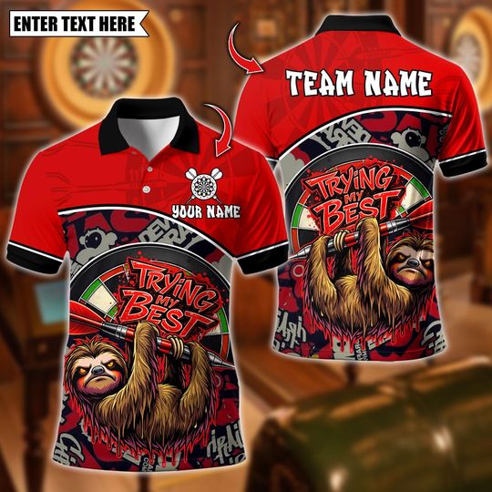 Discover Personalized Name Dart Polo Shirt, Angry Sloth Dartboard Design, Custom Team Shirt for Men, Gift for Darts Players
