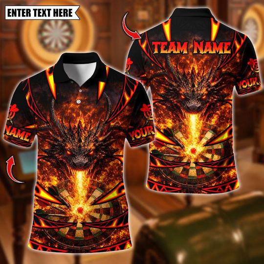 Discover Personalized Name Dart Polo Shirt, Angry Flame Dragon Dartboard Design, Custom Team Shirt for Men, Gift for Darts Players