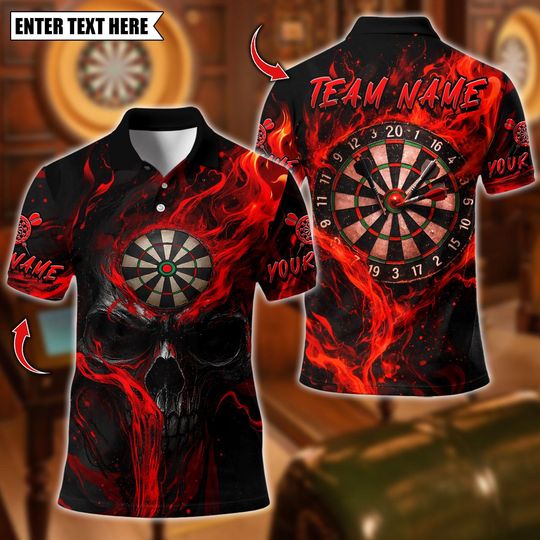 Discover Personalized Name Dart Polo Shirt, Skull Flame Dartboard Design, Custom Team Shirt for Men, Gift for Darts Players