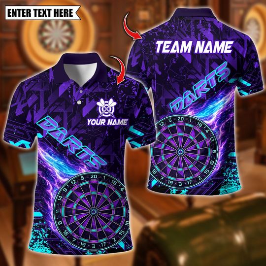 Discover Personalized Name Dart Polo Shirt, Flame Dartboard Design, Custom Team Shirt for Men, Gift for Darts Players