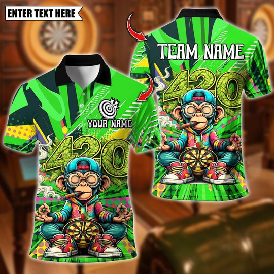 Discover Personalized Name Dart Polo Shirt, 420 Monkey Smoke Dart Design, Custom Team Shirt for Men, Gift for Darts Players