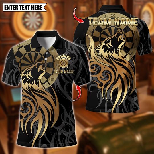 Discover Personalized Name Dart Polo Shirt, Golden Tribal Wolf Design Multicolor Options, Custom Team Shirt for Men, Gift for Darts Players