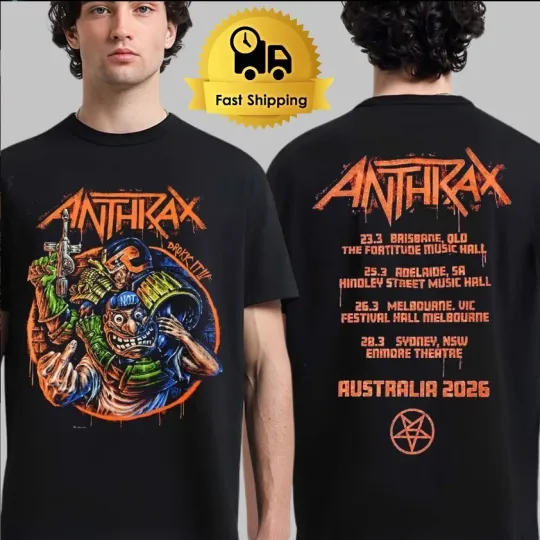 Discover Anthrax Not Man Drokk It T-Shirt Australia 2026 Tour Dates Back Robocop Graphic